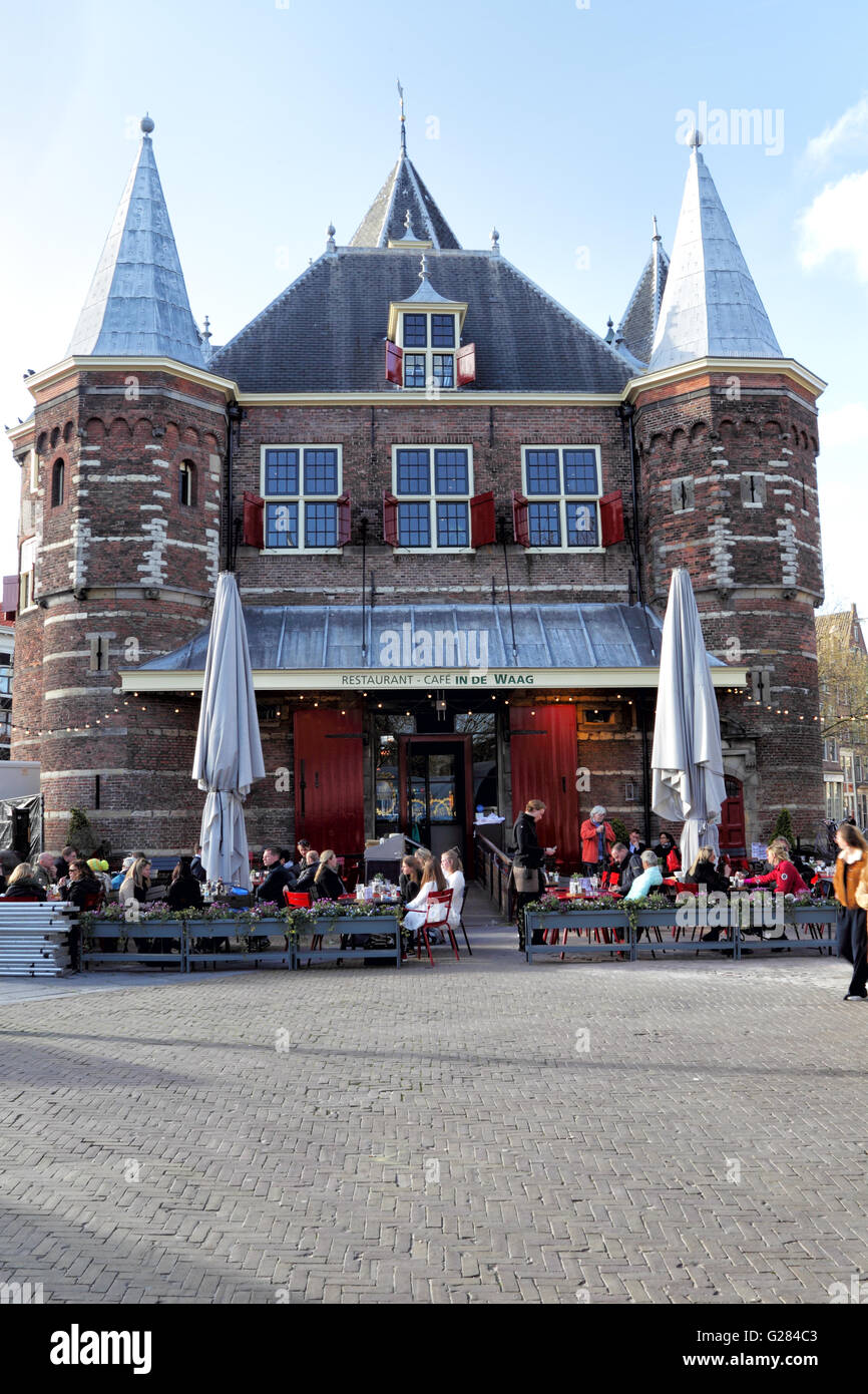 De Waag, the historic weigh house at Nieuwmarkt in Amsterdam, Netherlands, Europe. Stock Photo