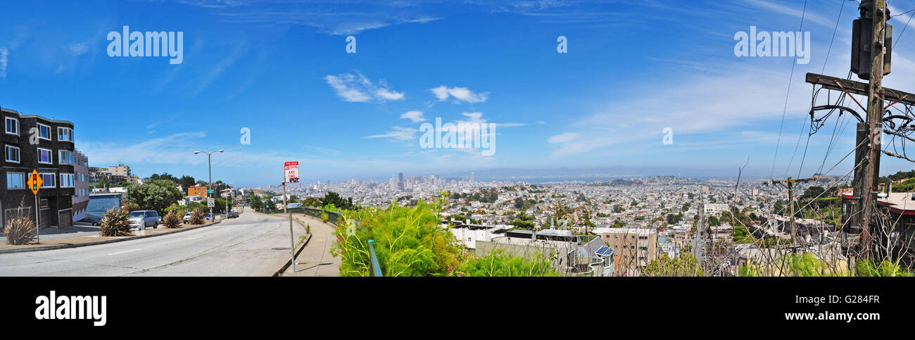 San Francisco, California, United States of America, Usa: a street and the skyline of the city with electricity poles Stock Photo