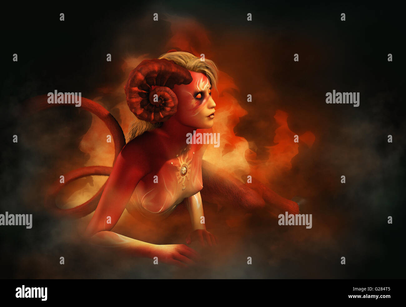 3d computer graphics of a salamander girl who is sitting in fire Stock Photo