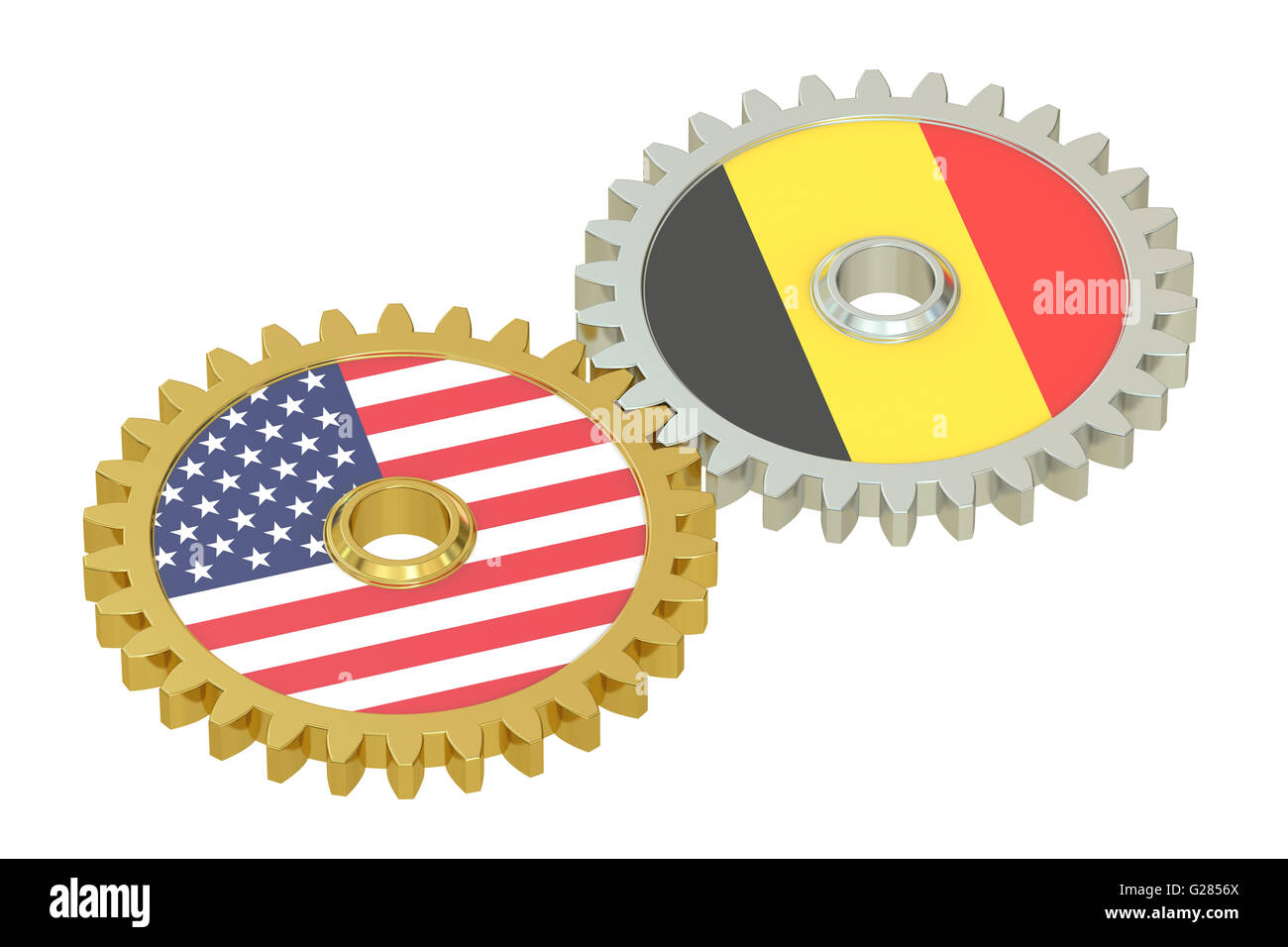 Belgium and United States relations concept, flags on a gears. 3D rendering isolated on white background Stock Photo