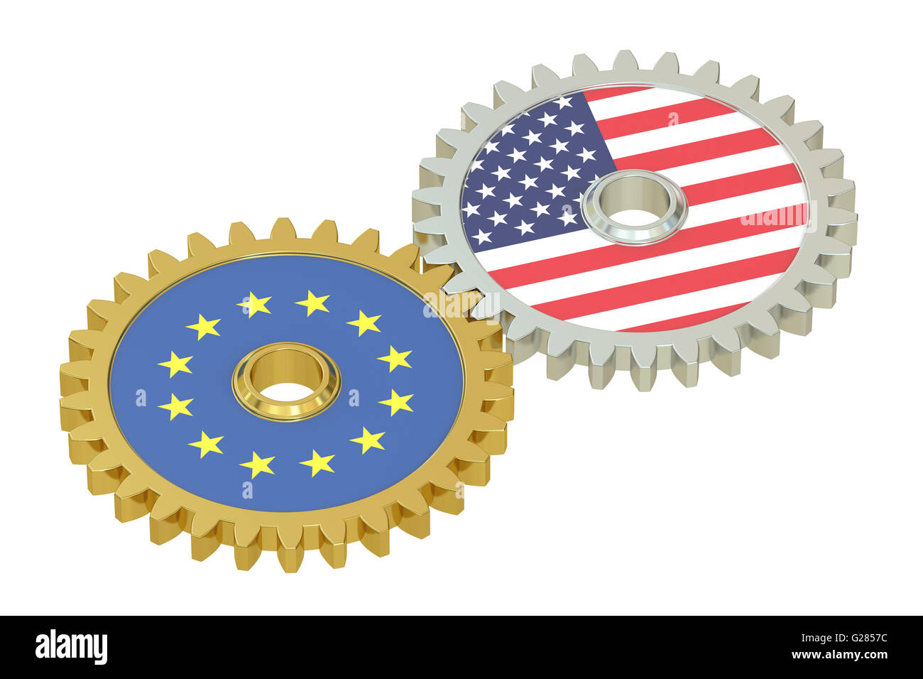 EU and United States relations concept, flags on a gears. 3D rendering isolated on white background Stock Photo