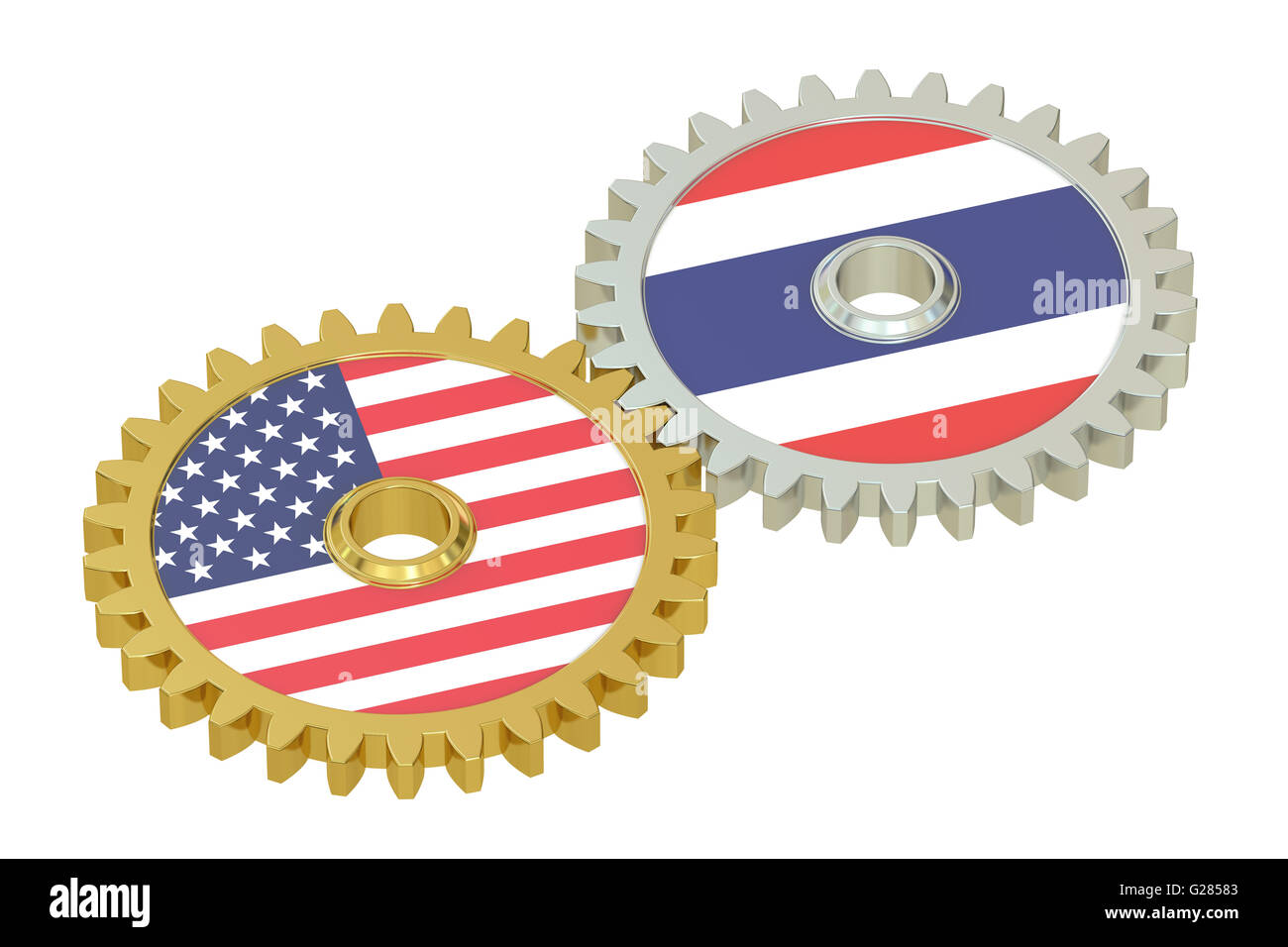 Thailand and United States relations concept, flags on a gears. 3D rendering isolated on white background Stock Photo