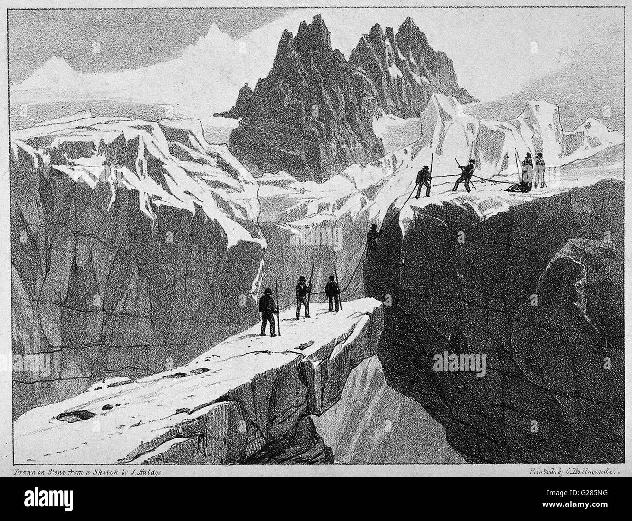 JOHN AULDJO (1805-1886) Anglo-Canadian geologist, diplomat, artist and writer. Engraving by Auldjo showing  his party climbing Mount Blanc in 1827, from his book published in 1828 Stock Photo