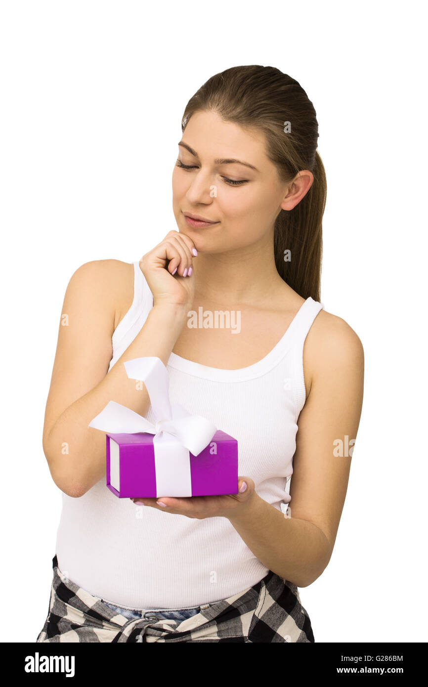 Young woman portrait holding gift Stock Photo - Alamy