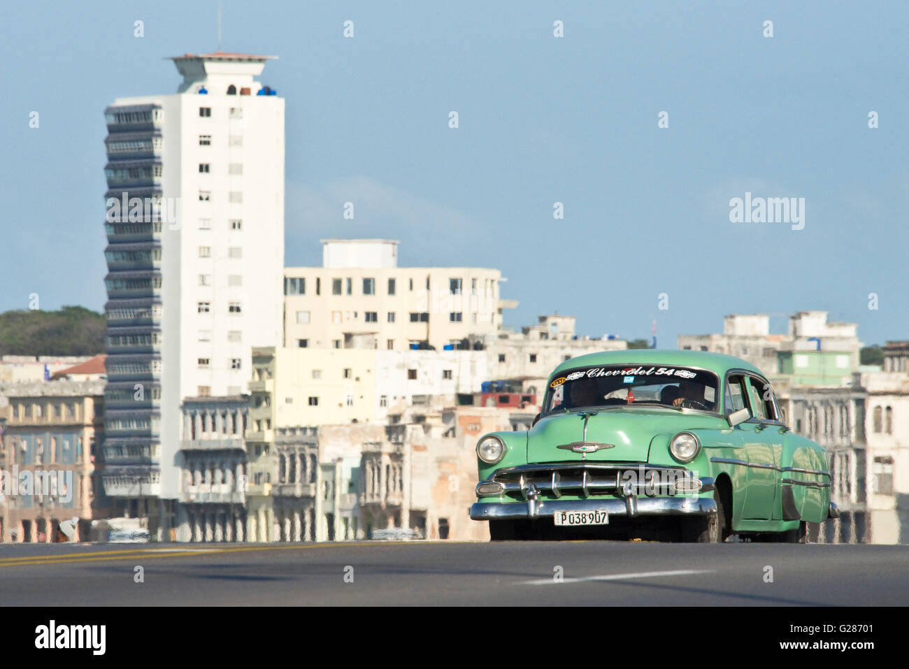 A compressed perspective view of a 1952 Chevrolet Bel Air travelling along the Malecón in Havana La Habana, Cuba. Stock Photo