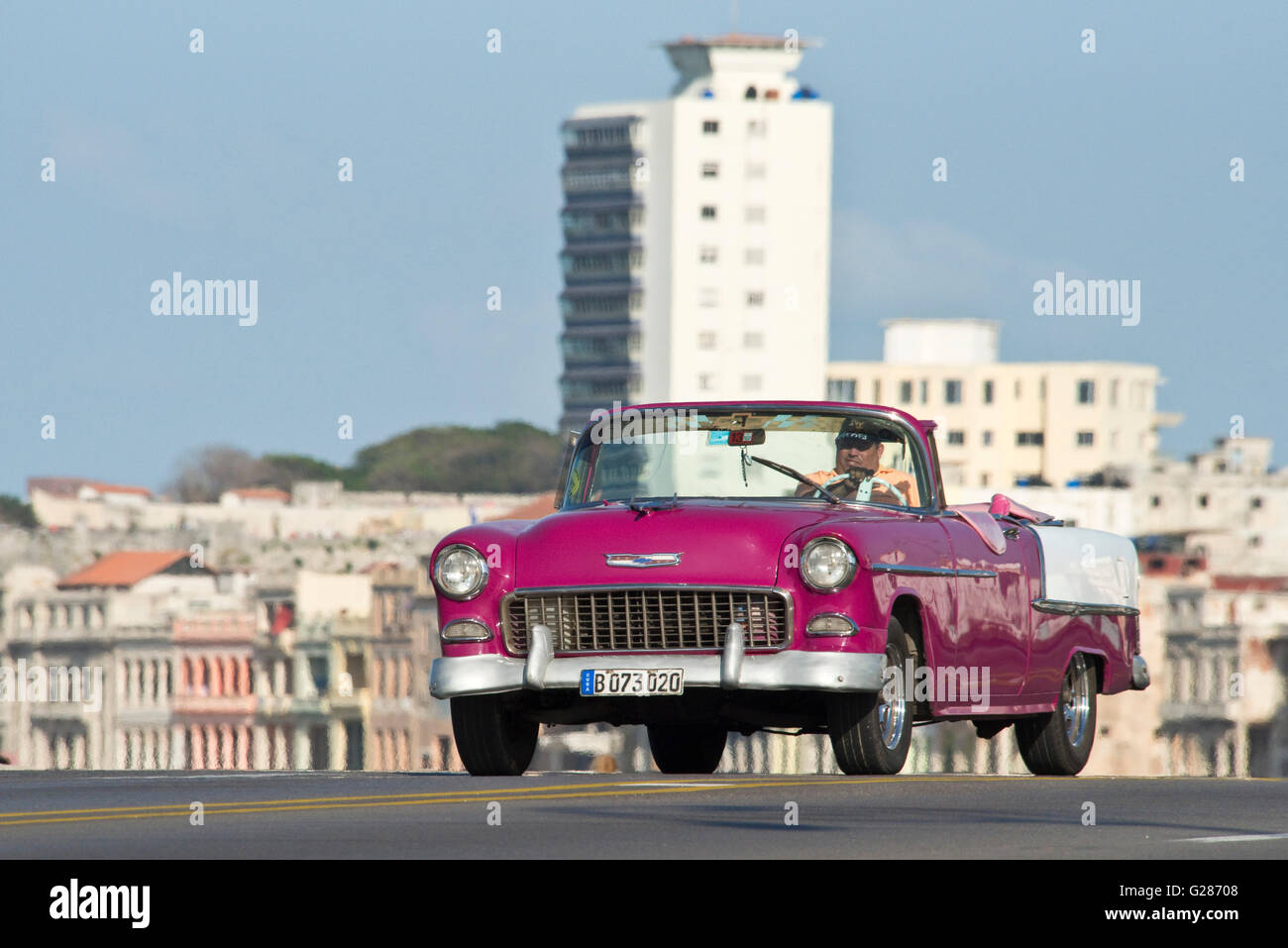 A compressed perspective view of a 1955 Chevrolet Bel Air travelling along the Malecón in Havana La Habana, Cuba. Stock Photo