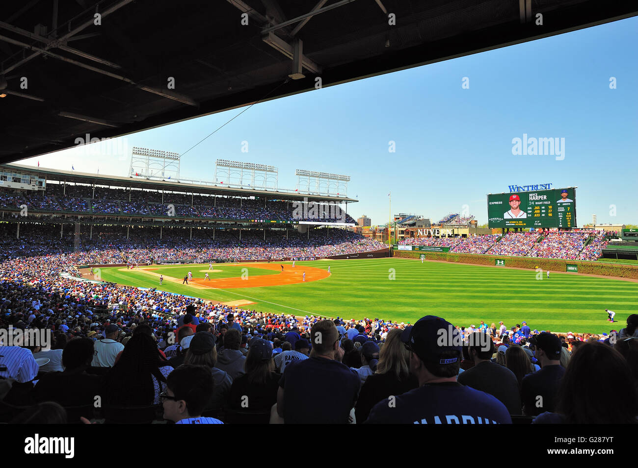 A fairly common scene is a full house at Chicago's Wrigley Field, home to the Chicago Cubs. Chicago, Illinois, USA. Stock Photo