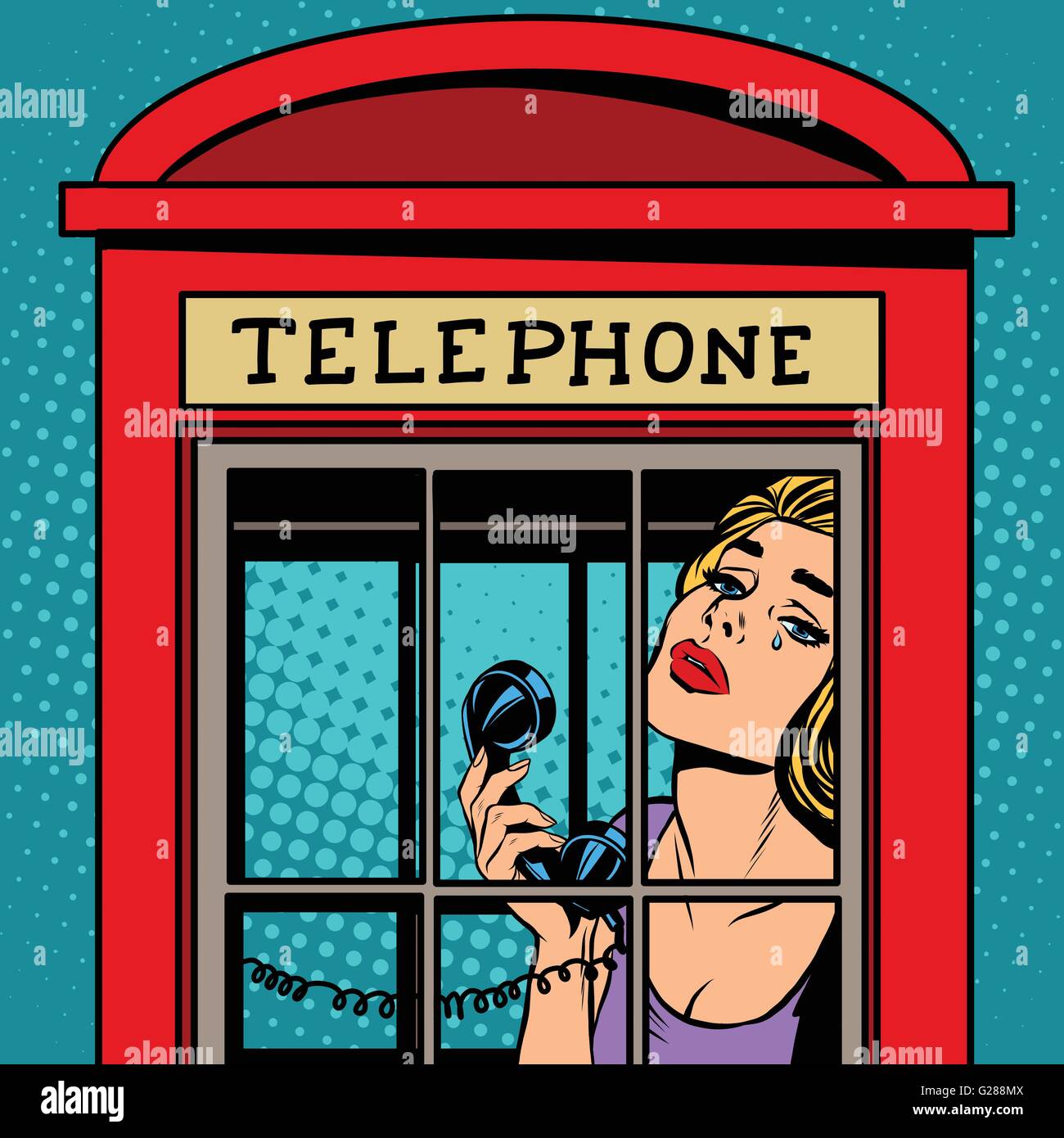 girl crying in the red telephone booth retro Stock Vector
