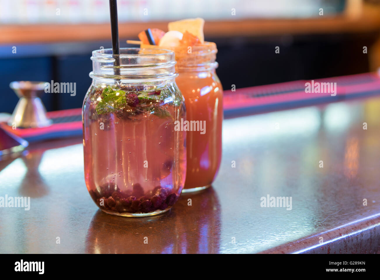 Delicious alcoholic cocktails, freshly made and ready to drink. Stock Photo
