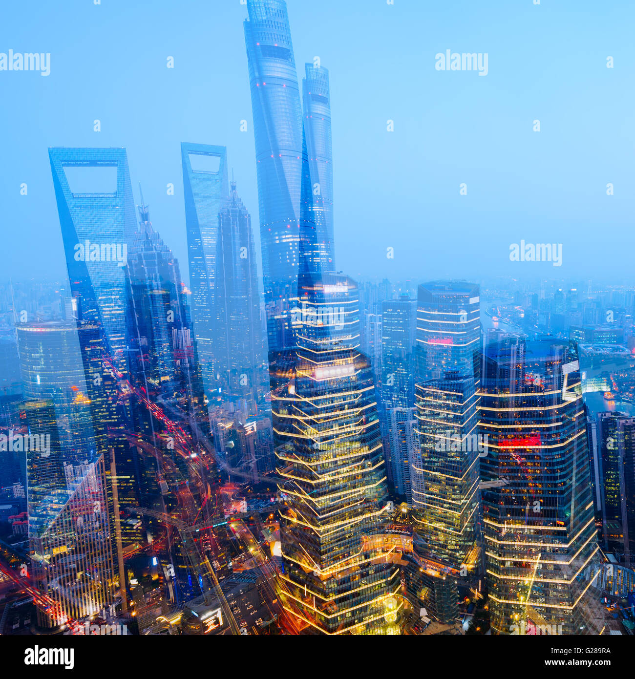 Elevated view of Lujiazui, Shanghai - China. Double Exposure.  Since the early 1990s, Lujiazui has been developed specifically a Stock Photo