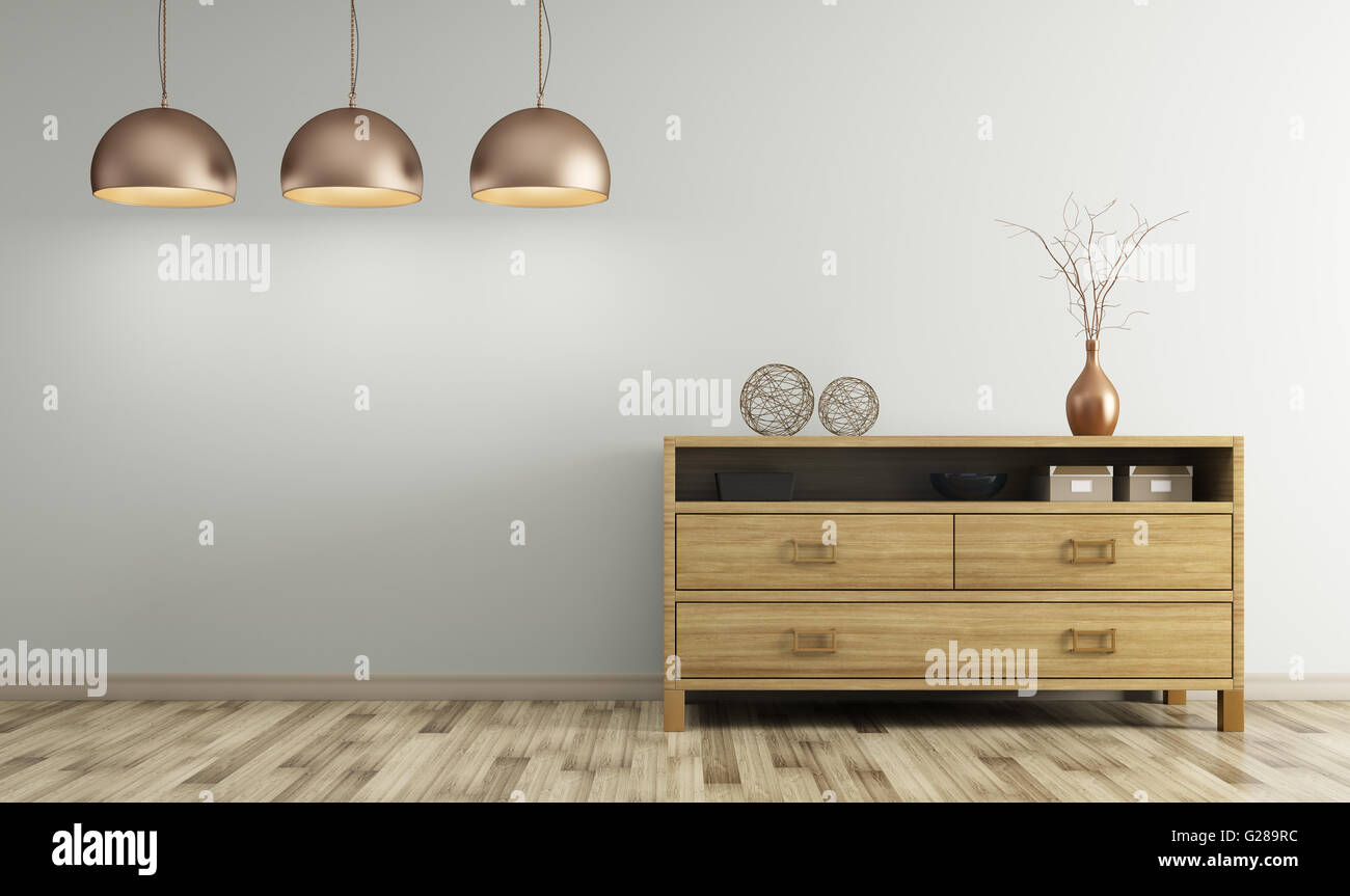 Modern interior of living room with wooden dresser and lamps 3d ...