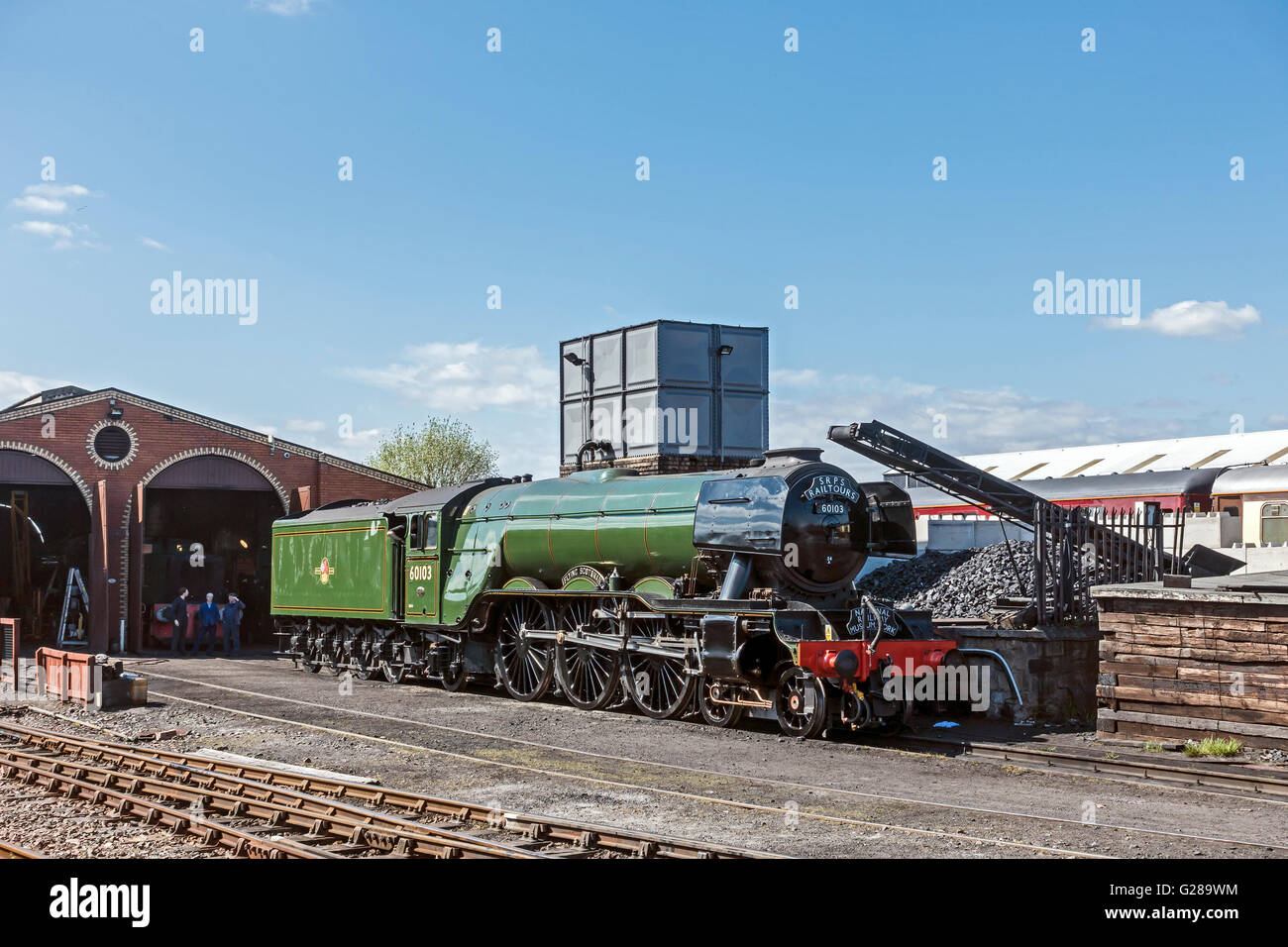 Steam Engine 60103 Flying Scotsman on display to the public in Bo'ness railway station yard during a rail tour to Scotland Stock Photo