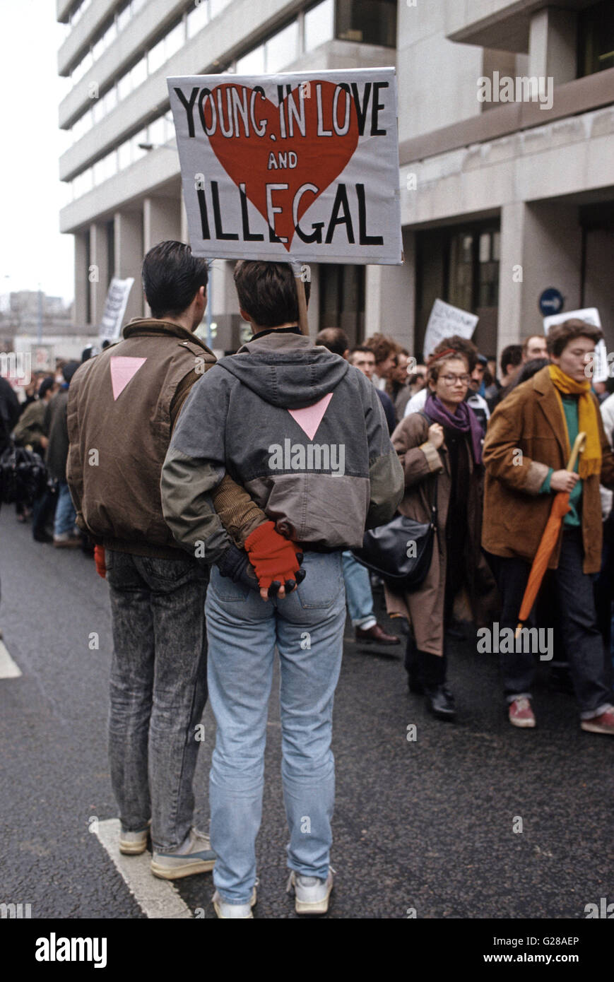 Gay rights demo in London placards signs protest march Stock Photo