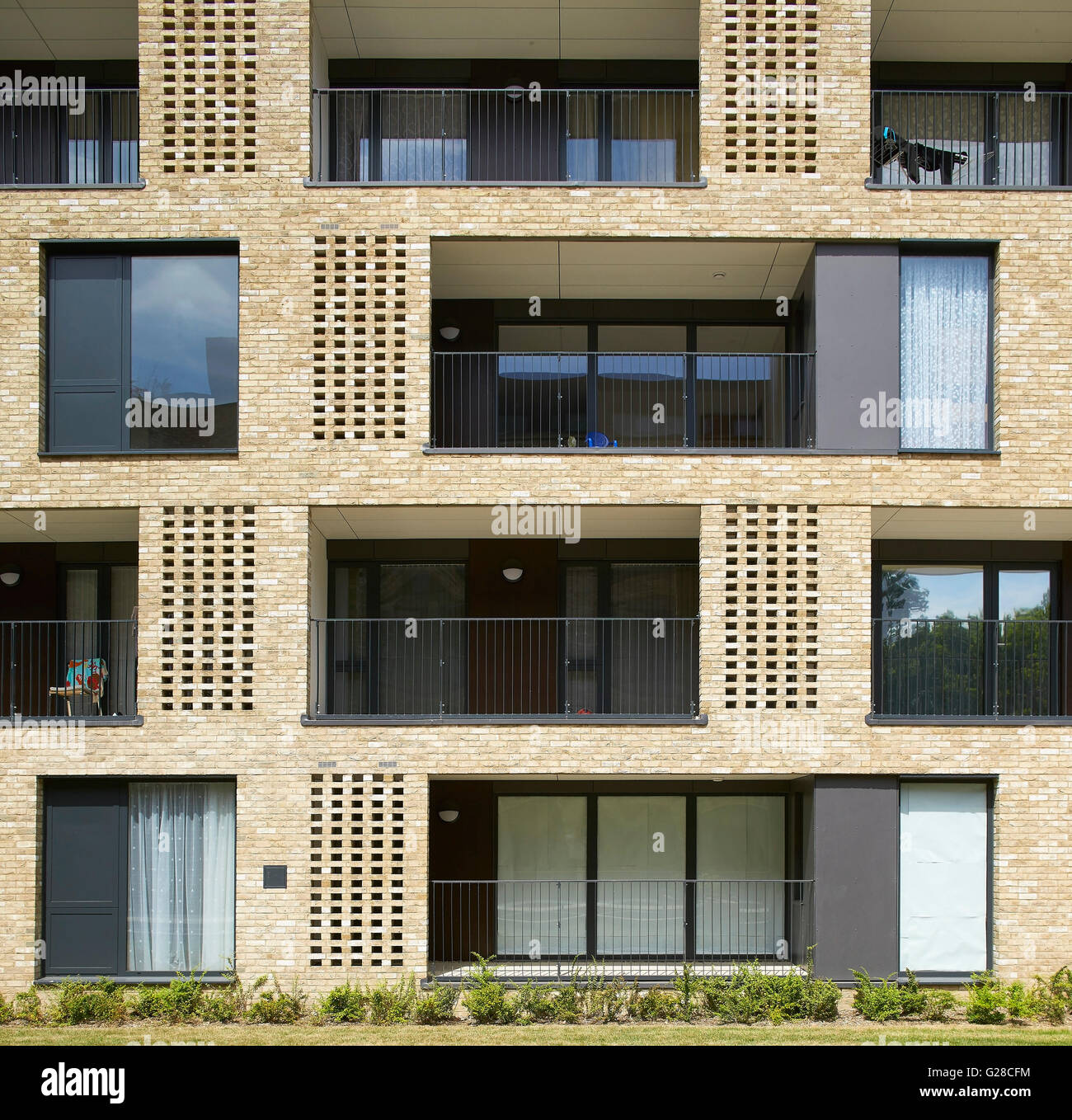 Detailed front elevation of brick facade. Alpine Place, Brent, London, United Kingdom. Architect: Ayre Chamberlain Gaunt, 2015. Stock Photo