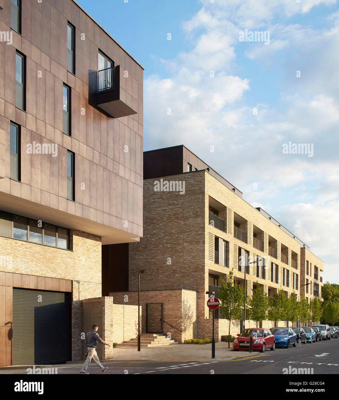 Juxtaposition of exterior facades. Alpine Place, Brent, London, United Kingdom. Architect Ayre