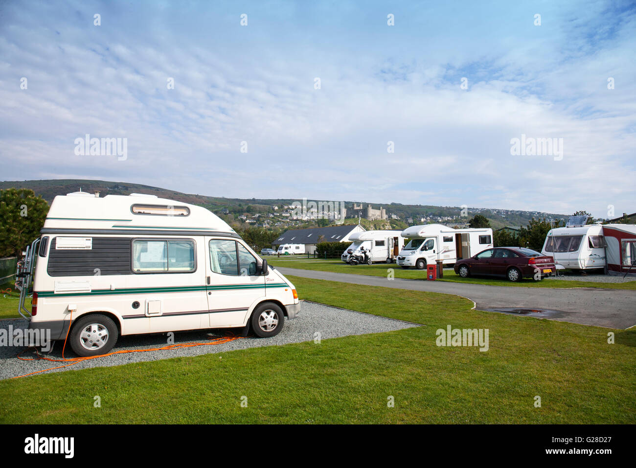 Min Y Don campsite in Harlech with castle in distance Gwynedd North Wales UK Stock Photo