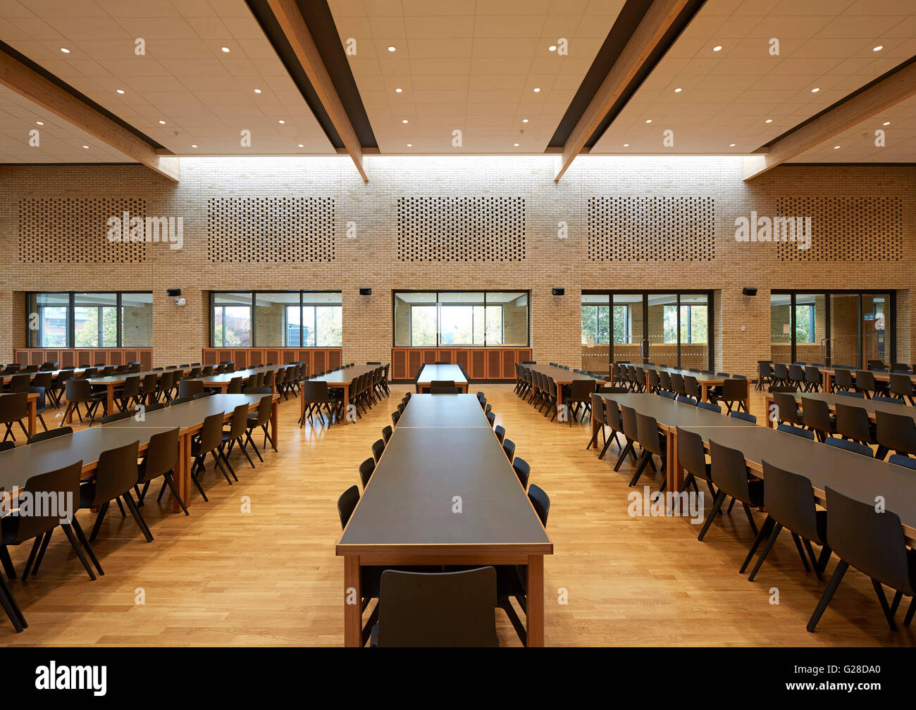 Empty dining hall. The Barn, Sutton Bonington Campus, Nottingham, United Kingdom. Architect: Make Ltd, 2015. Stock Photo