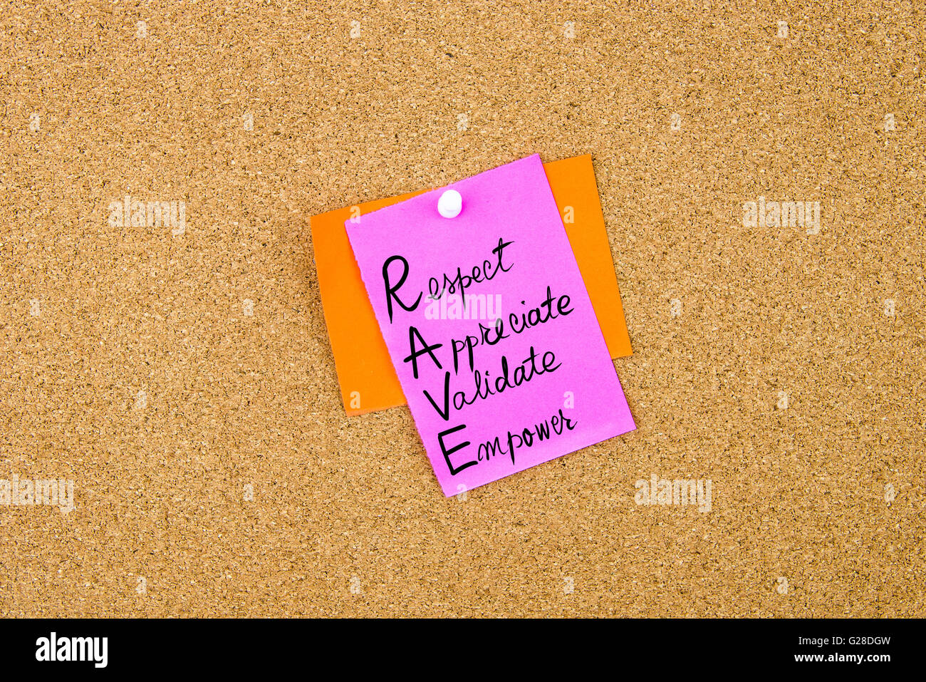 Business Acronym RAVE as Respect, Appreciate, Validate, Empowerwritten on paper note pinned on cork board with white thumbtack, Stock Photo