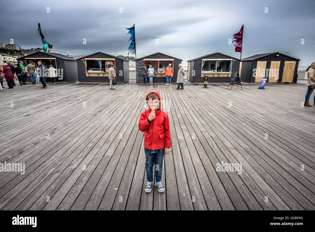 Six-year-old Ethan Sparey at the Grand reopening of the newly-refurbished Hastings Pier. Stock Photo