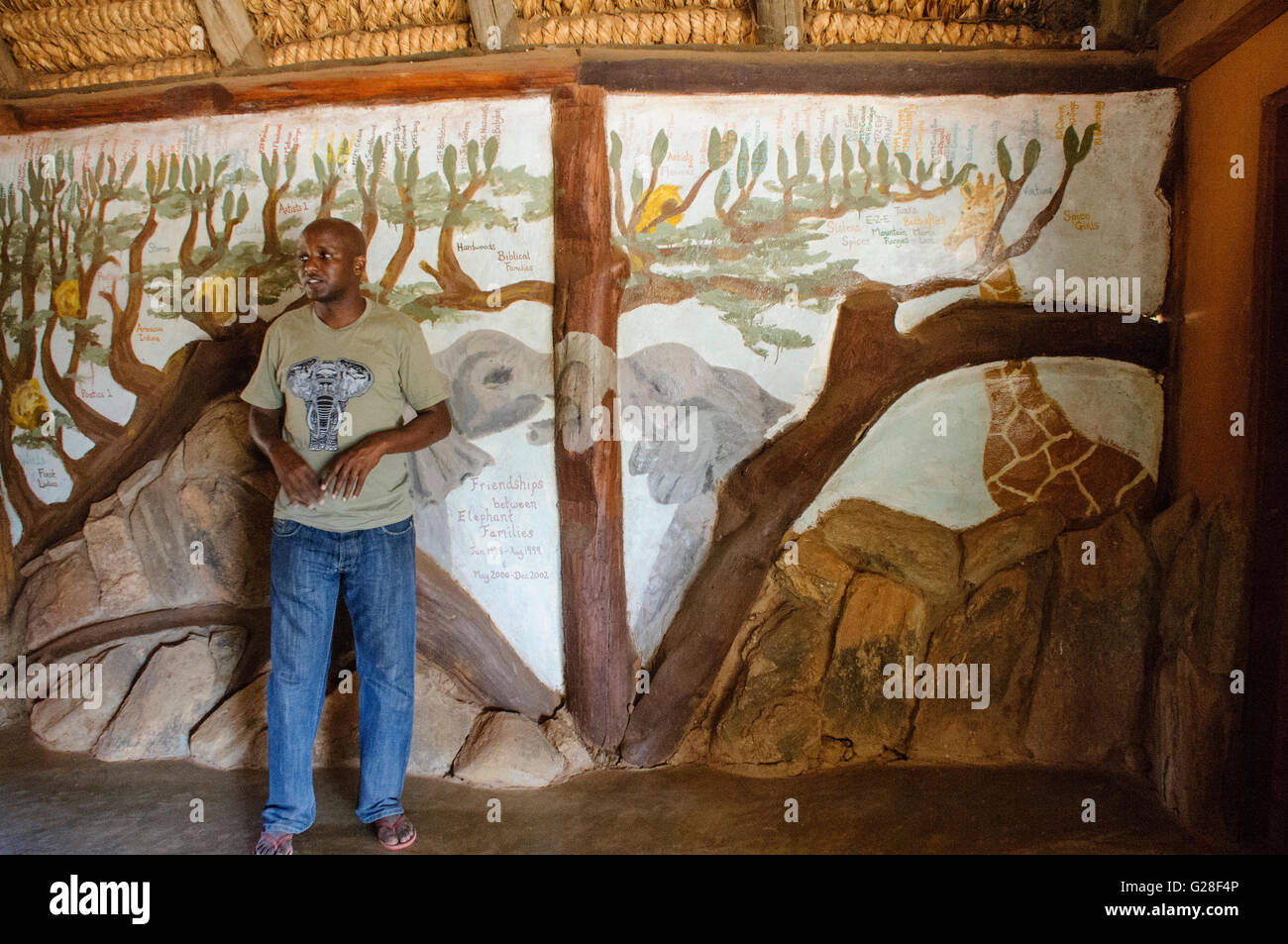 Sabinga Gilbert Lekalau describes the work of Save the Elephants in tracking and studying elephants and helping farmers co-exist with them in Africa Stock Photo