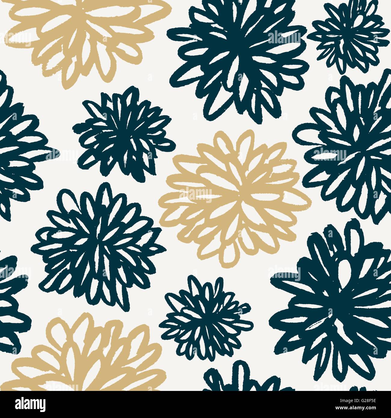 Hand drawn floral pattern in deep blue, golden and cream, seamless ...