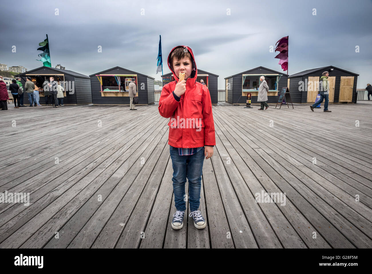 Six-year-old Ethan Sparey at the Grand reopening of the newly-refurbished Hastings Pier. Stock Photo