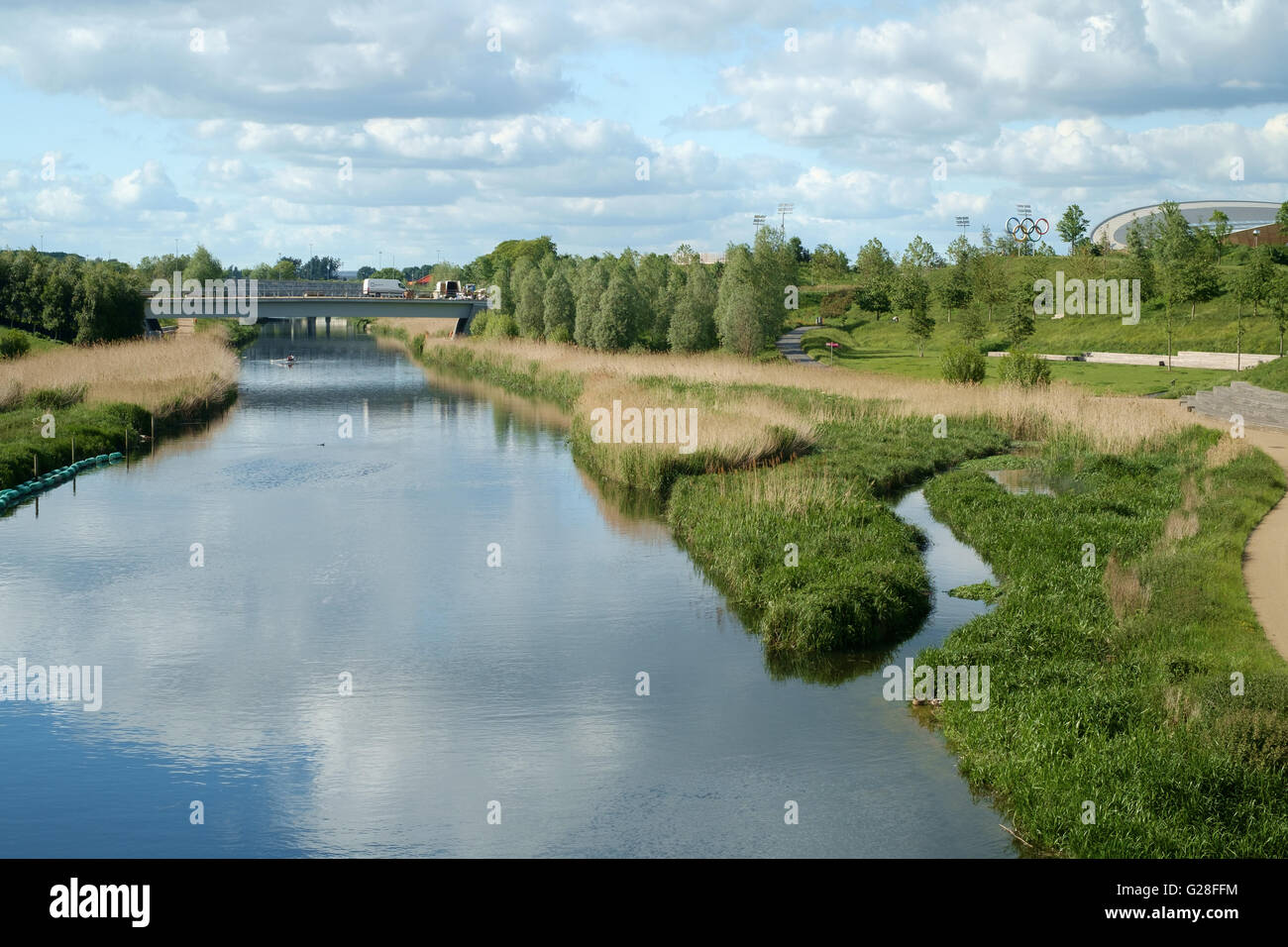 Wetlands bowl for flood protection and drainage from the River Lea at the Olympic Park, London Stratford. Stock Photo