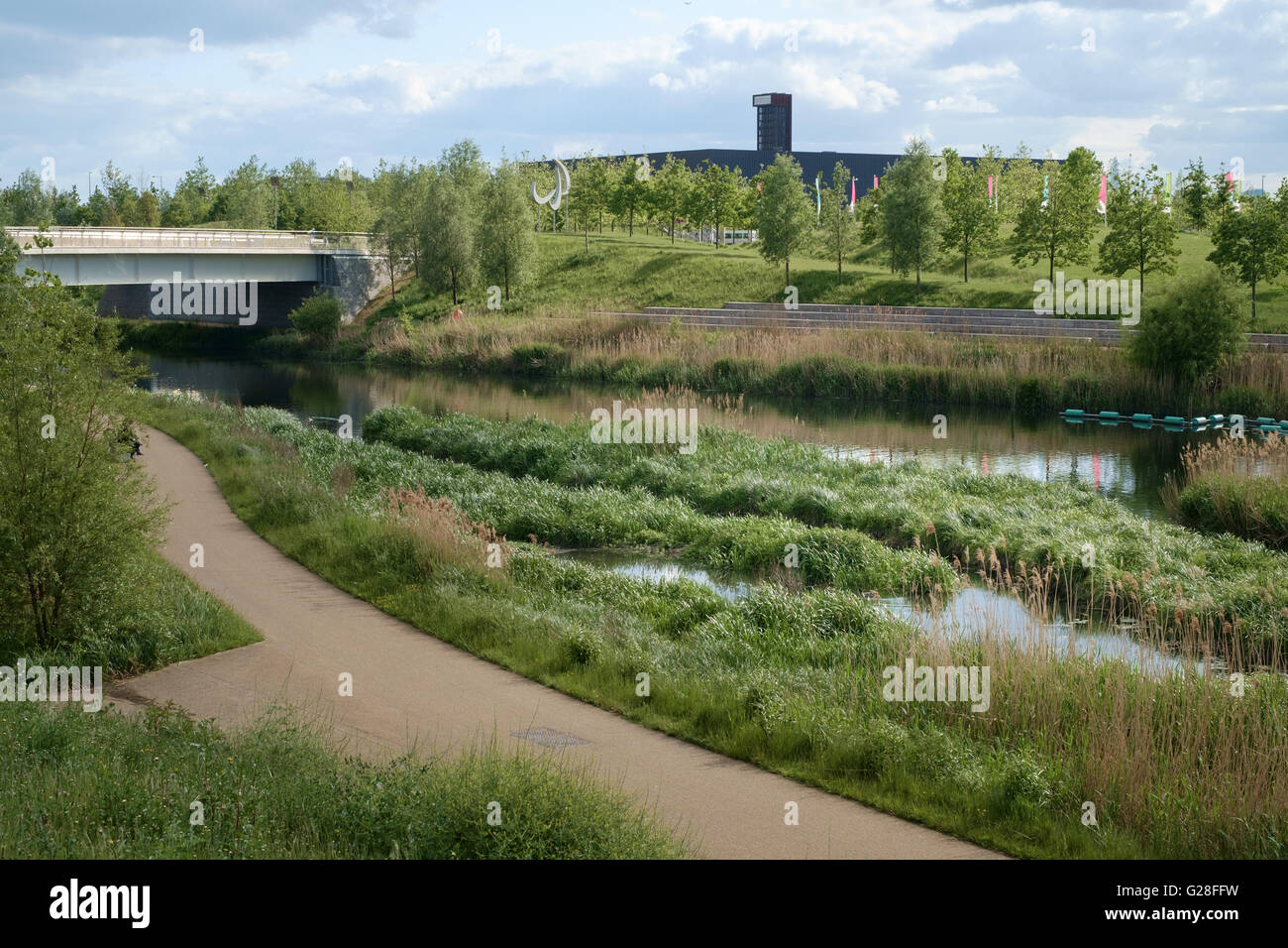 Wetlands bowl for flood protection and drainage from the River Lea at the Olympic Park, London Stratford. Stock Photo