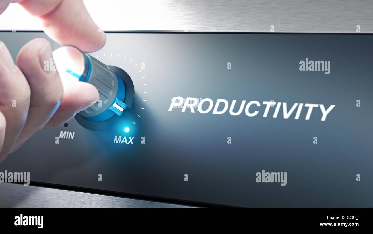 Hand turning a productivity knob. Concept for productivity management. Composite image between an photography and a 3D backgroun Stock Photo