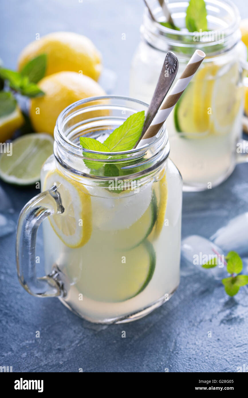 Fresh citrus lemonade in mason jars Stock Photo
