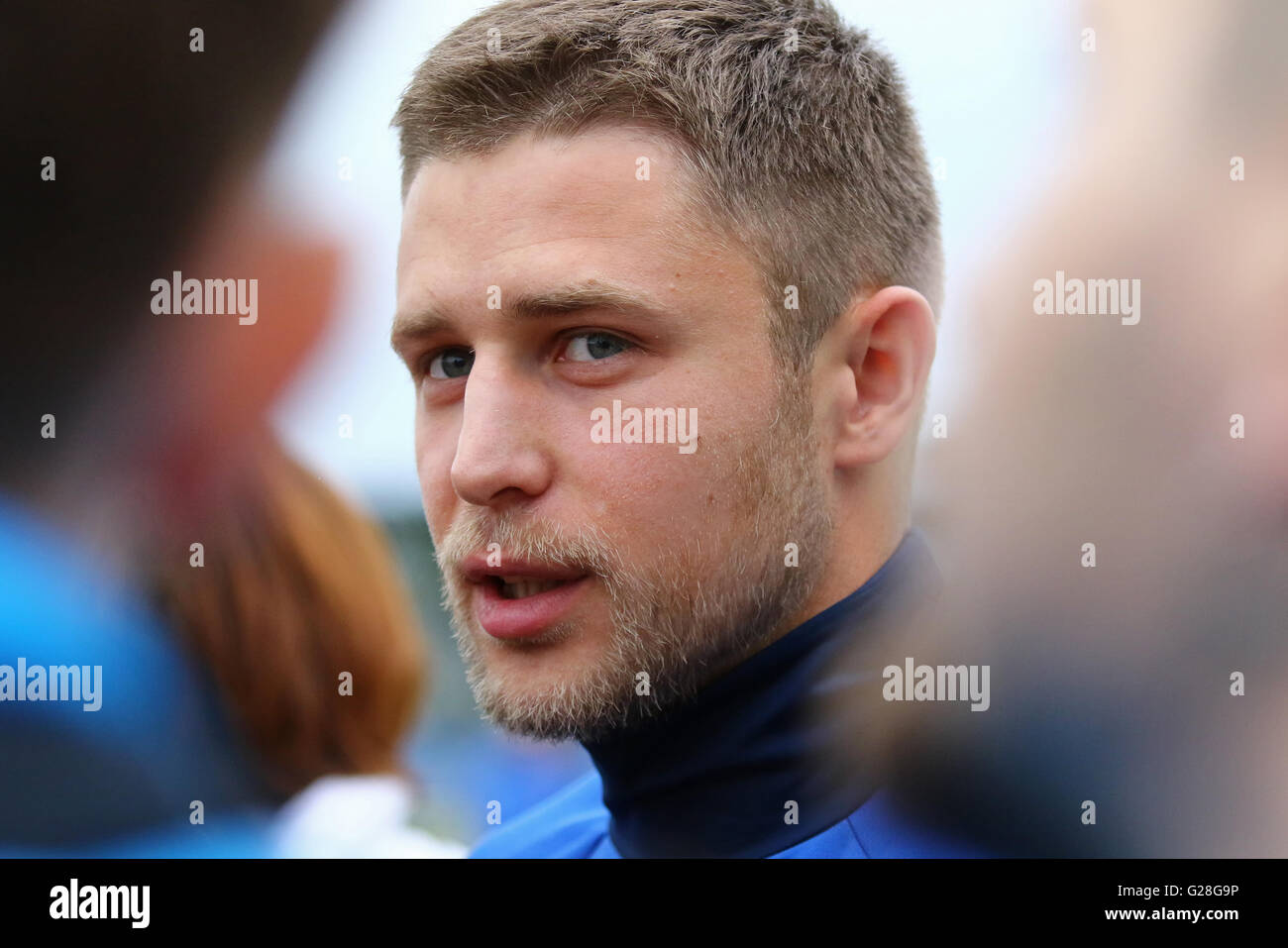 Player Artem Kravets gives an interview during Open training session of Ukraine National Football Team before UEFA EURO 2016 Stock Photo
