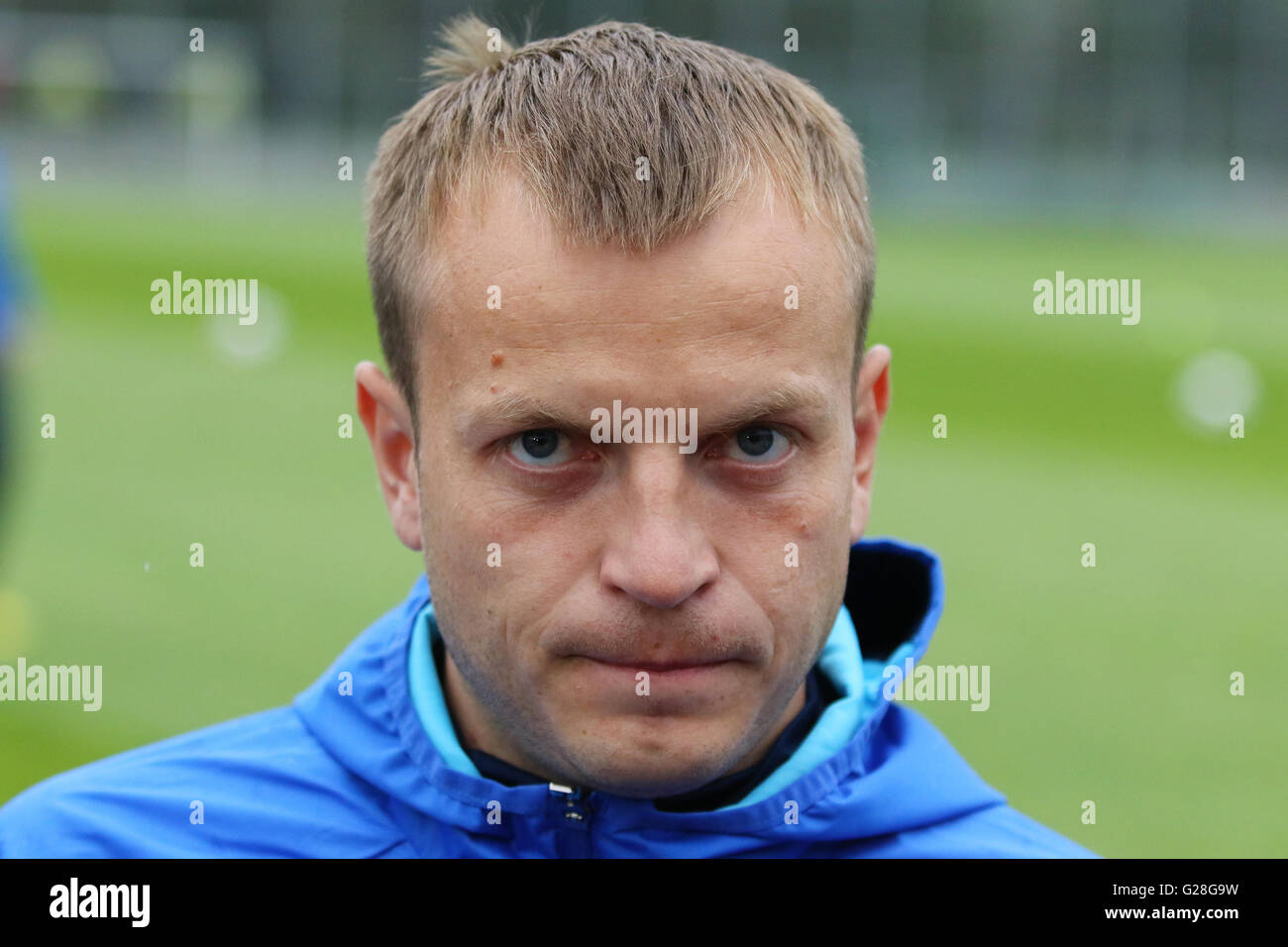 Player Oleg Gusev gives an interview during Open training session of Ukraine National Football Team Stock Photo