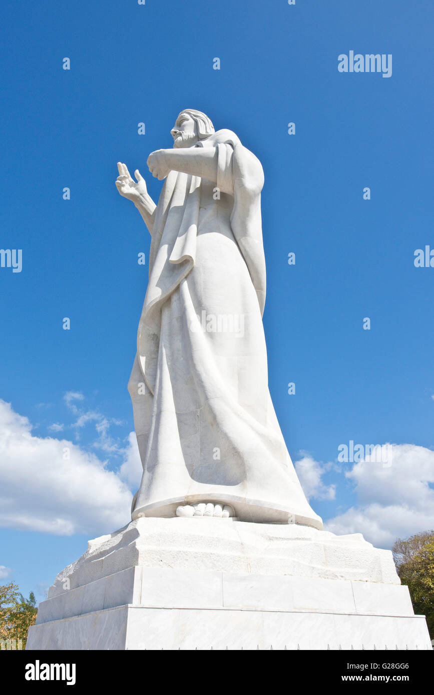 A close up wide angle view of the Christ of Havana statue that looks towards the city of Havana in Cuba. Stock Photo