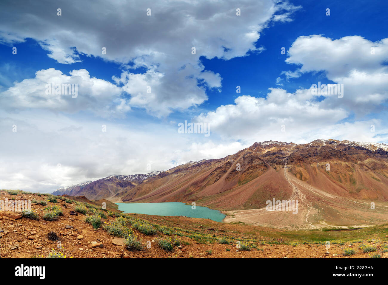 himalayas lake Chandra Taal in summer time Stock Photo