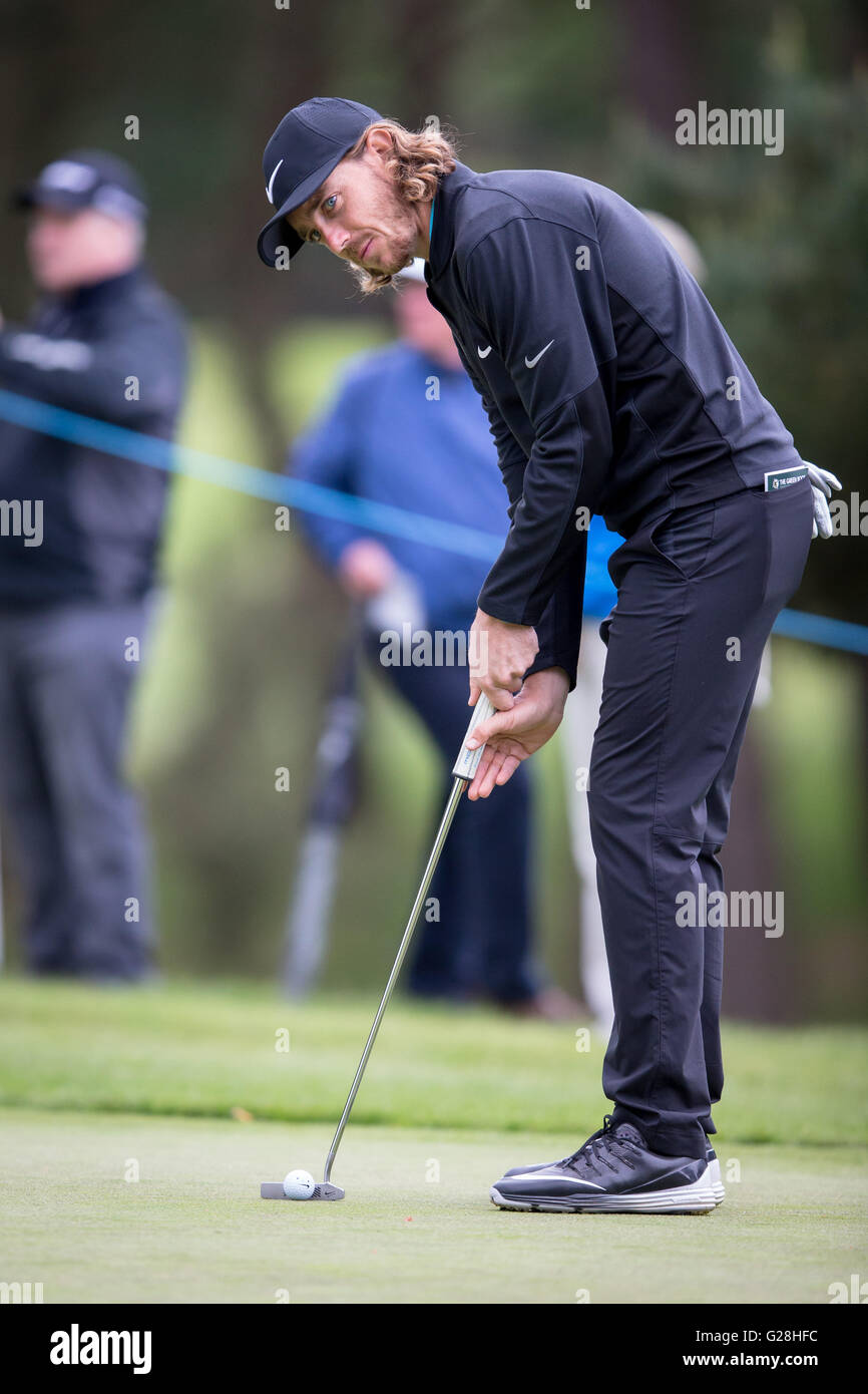 WENTWORTH, UK: May, 25, 2016 Tommy Fleetwood putts in the BMW PGA Celebrity Pro-Am, ahead of the Championship at Wentworth. Stock Photo
