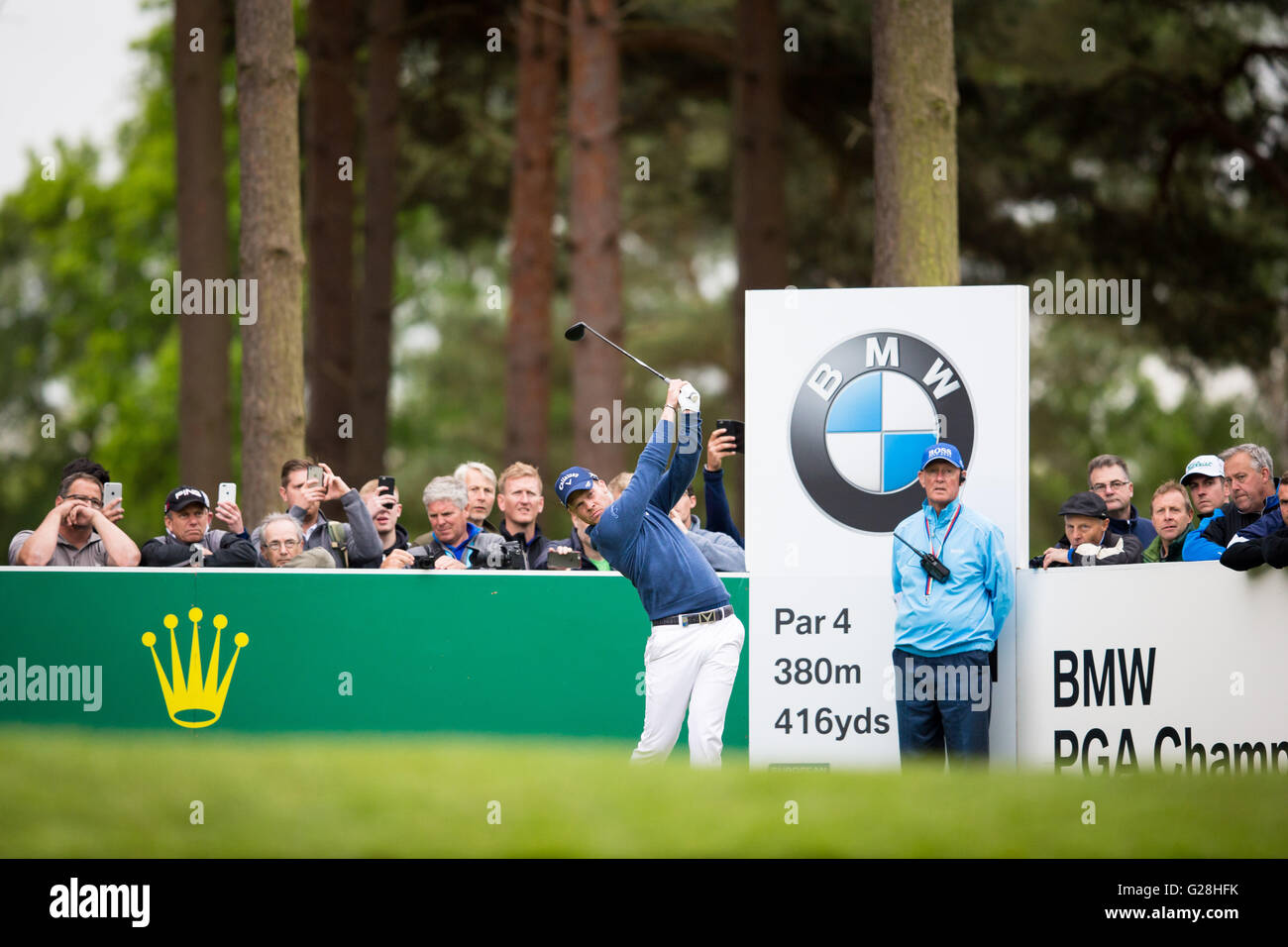 WENTWORTH, UK: May, 25, 2016 Danny Willett tees off in the BMW PGA Celebrity Pro-Am, ahead of the Championship at Wentworth. Stock Photo
