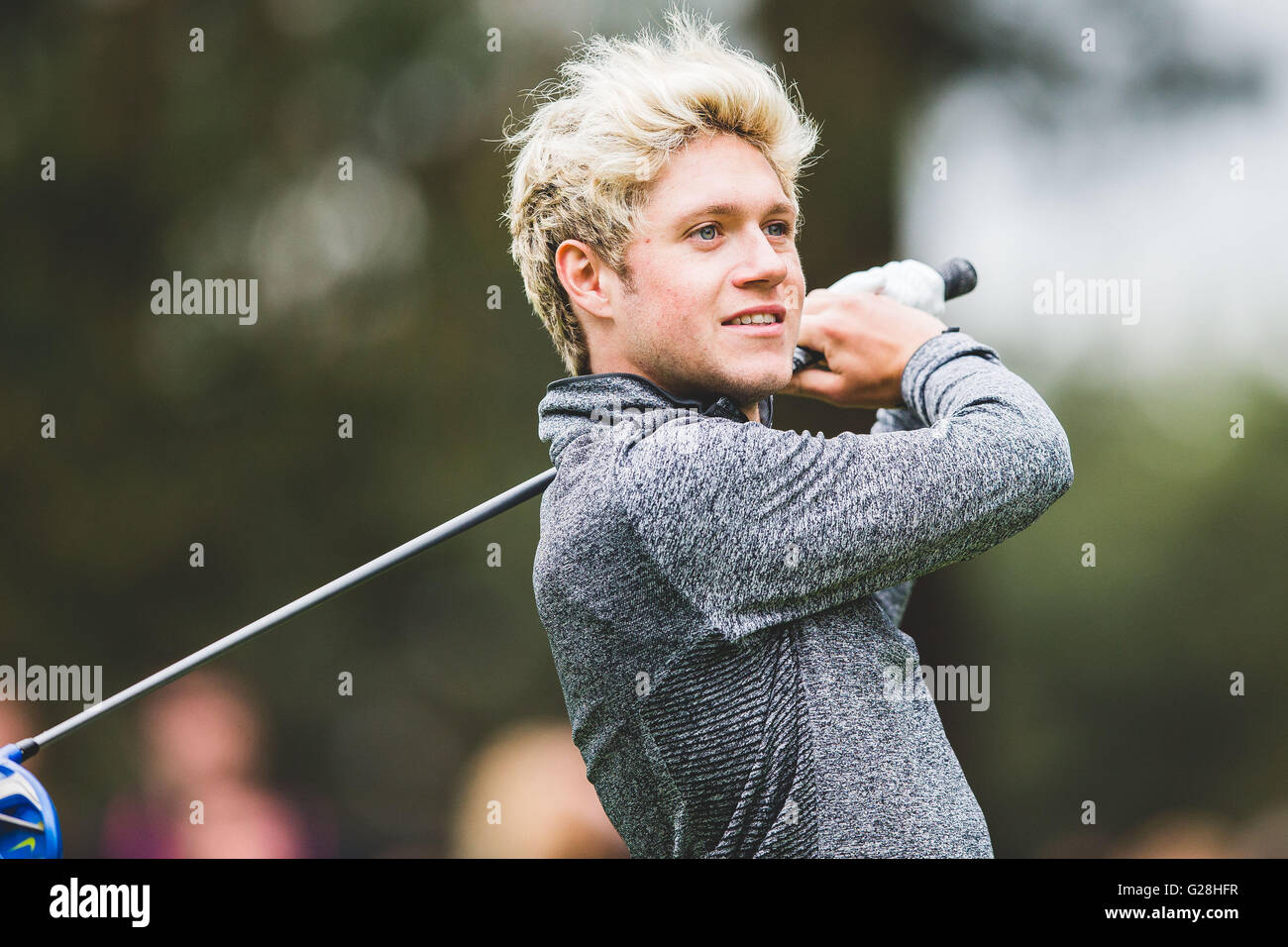 WENTWORTH, UK: May, 25, 2016 Niall Horan plays in the BMW PGA Celebrity Pro-Am at Wentworth. Stock Photo