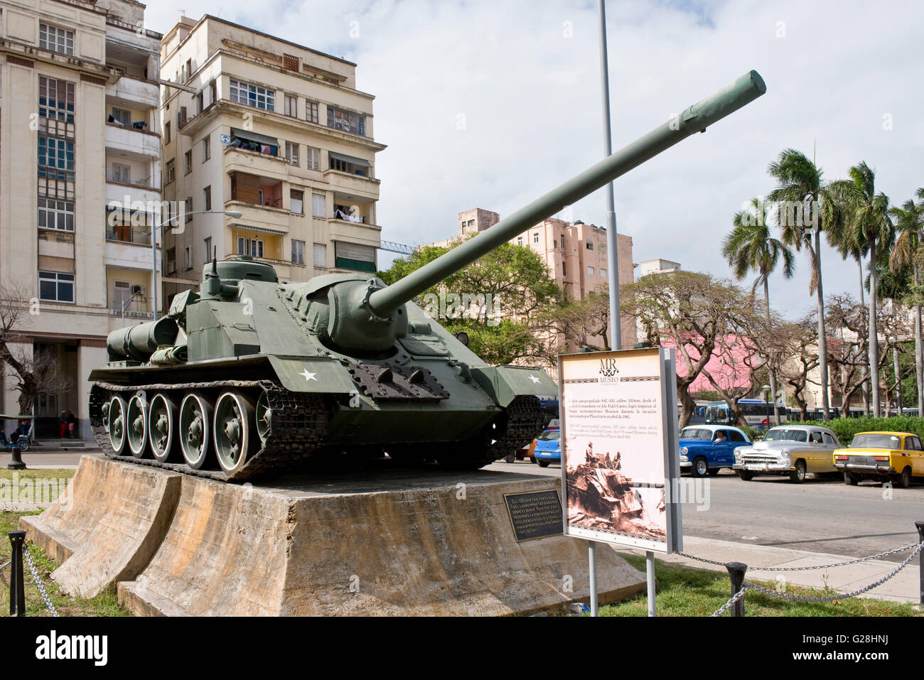 The SAU-100 tank used by Fidel Castro outside the Museum of the Revolution in the Old Town of Havana La Habana, Cuba Stock Photo