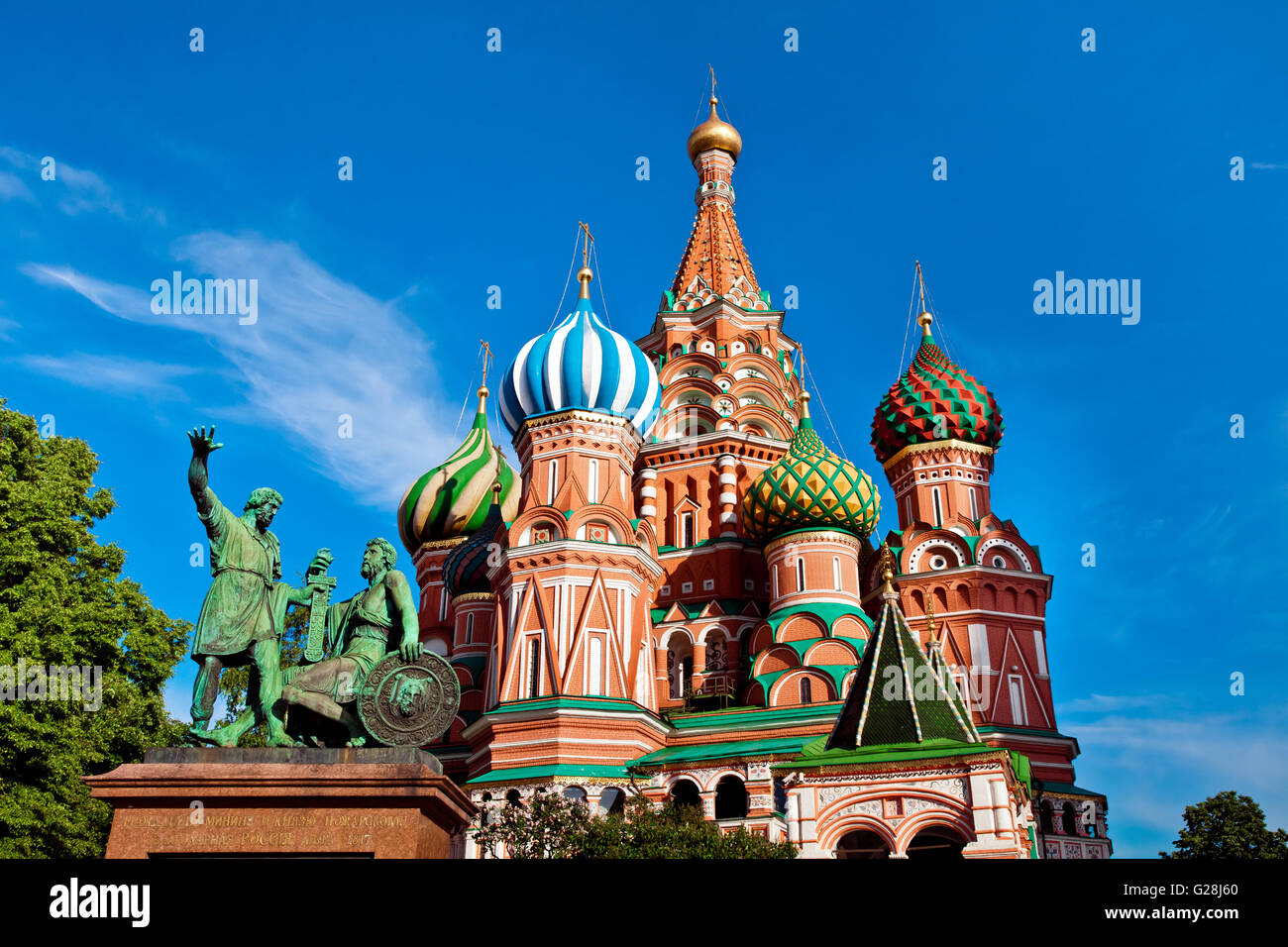 St. Basil's Cathedral on Red square in Moscow. Monument of Minin and Pozharsky in Moscow, Russia. Main attractions of Moscow cit Stock Photo