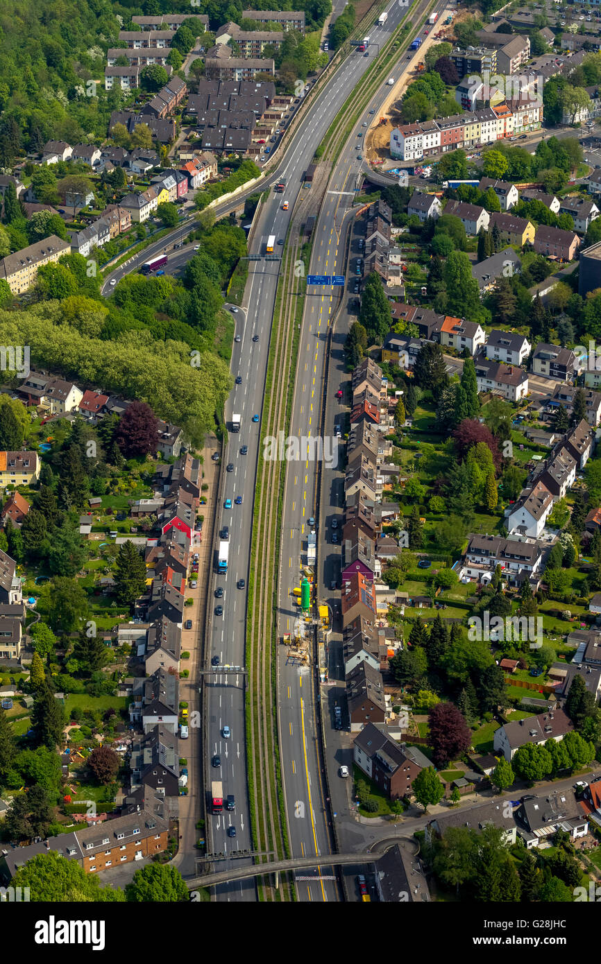 Aerial view, filling the possible day break, blocking the A40 in direction Bochum and blocking the A52 before the A40, Essen, Stock Photo