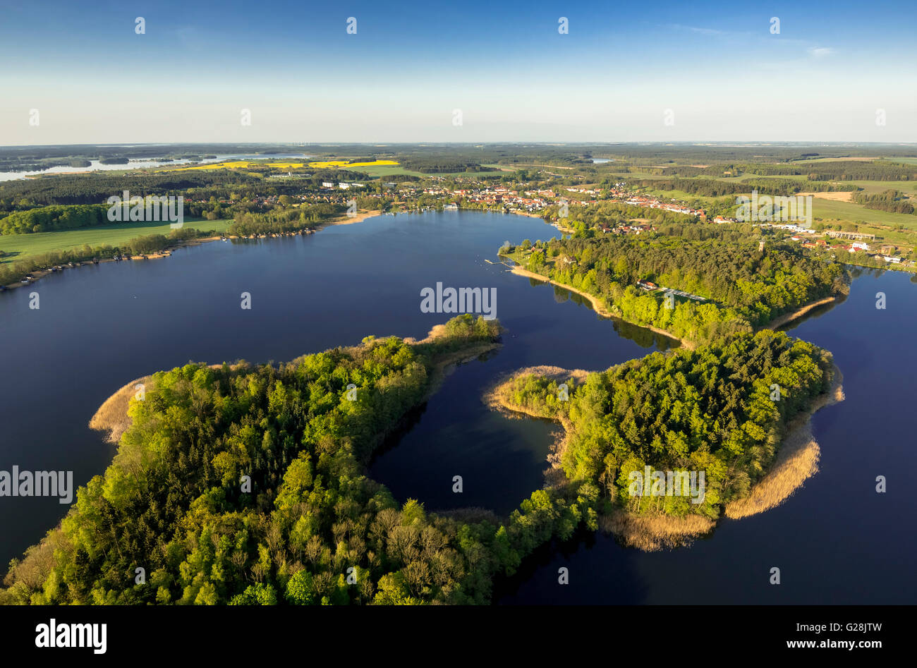 Aerial view, Krakow lakes with islands and views of Krakow am See ...