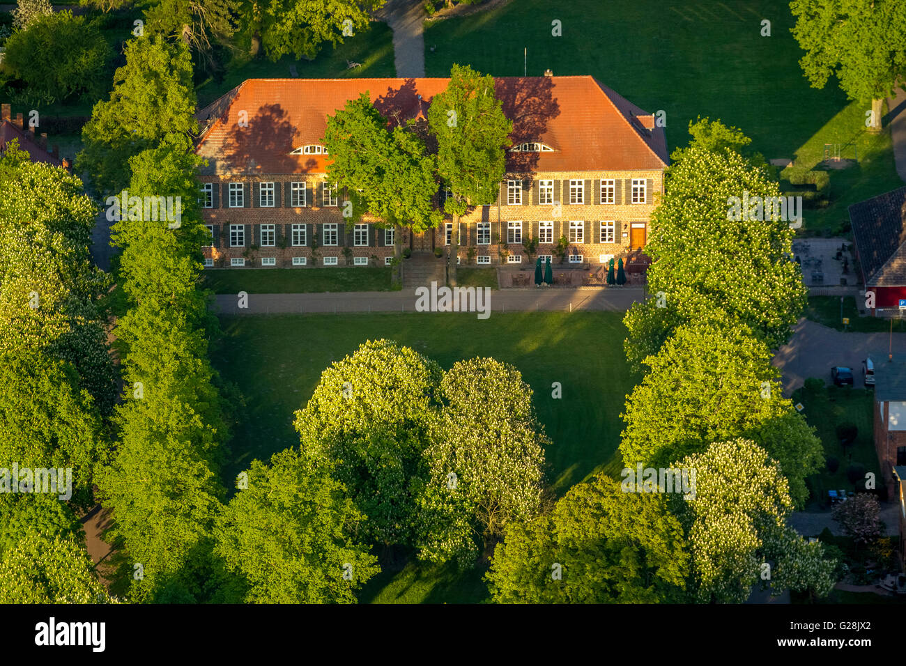 Aerial view, Romantik Hotel Gutshaus Ludorf, restaurant Morizianer, Ludorf, Mecklenburg Lake District, Mecklenburg-Vorpommern, G Stock Photo