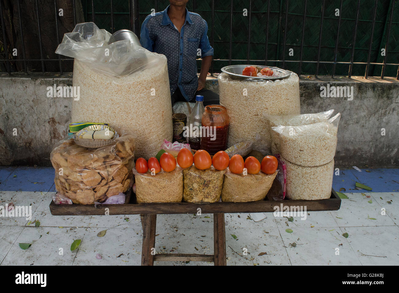 Street Food-Puffed rice with Indian chaat (snack). Stock Photo