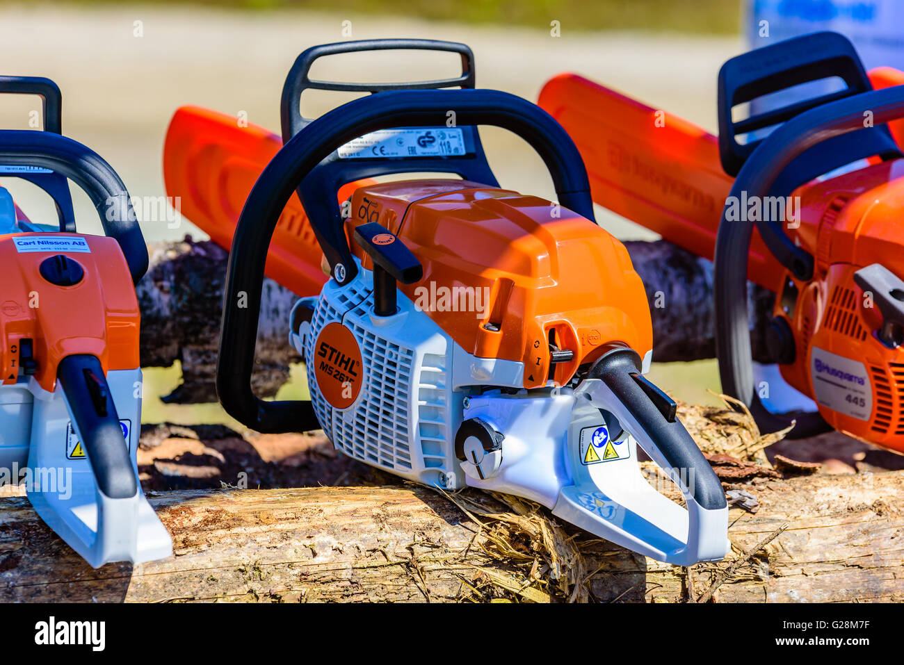 Emmaboda, Sweden - May 13, 2016: Forest and tractor (Skog och traktor) fair. Stihl MS 261c chainsaw on wooden logs Stock Photo