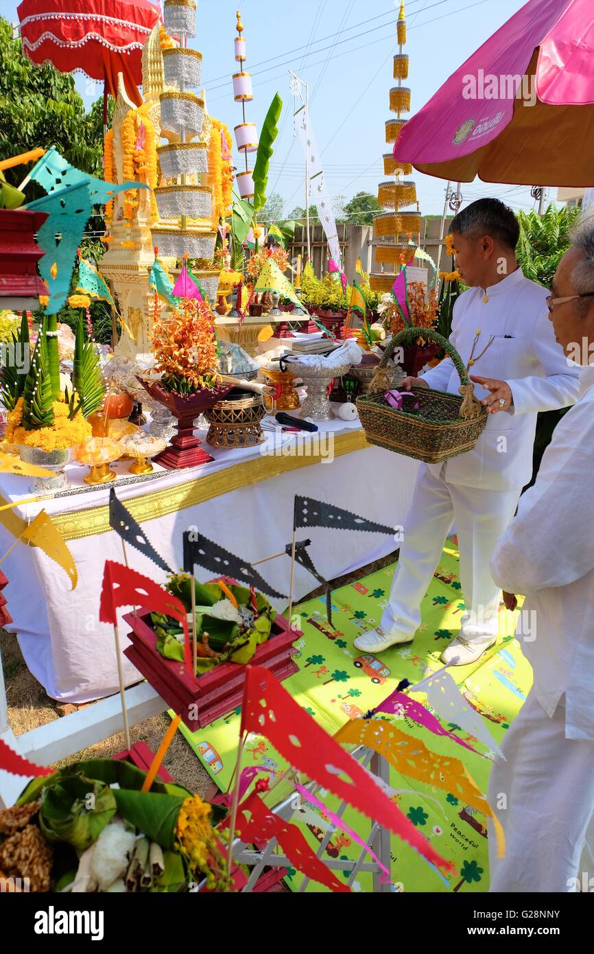 Chiang Mai, Thailand - May 15, 2016. Brahmin priest presiding over spirit house establishing ceremony. Stock Photo