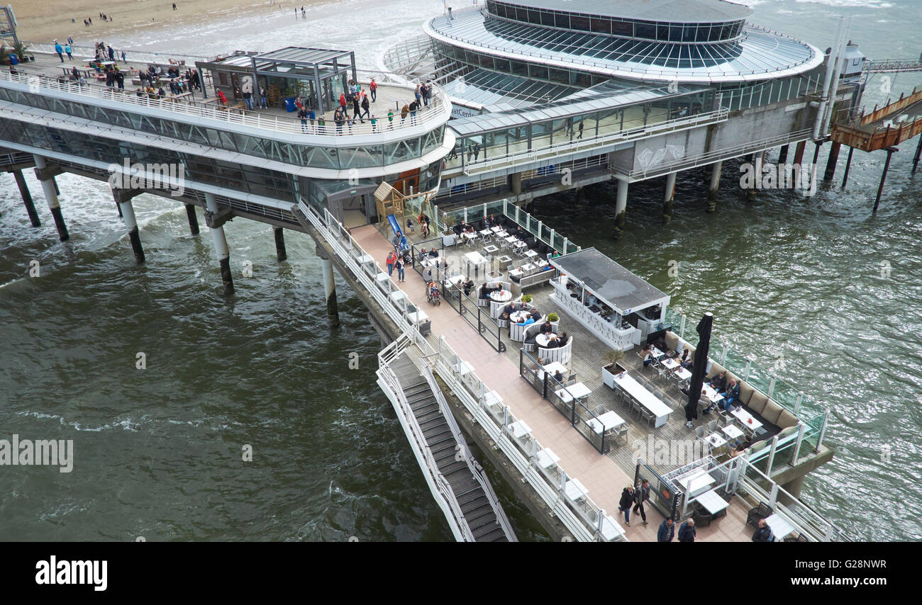 View from the Pier to the promenade of Scheveningen, The Hague Beach Stock Photo