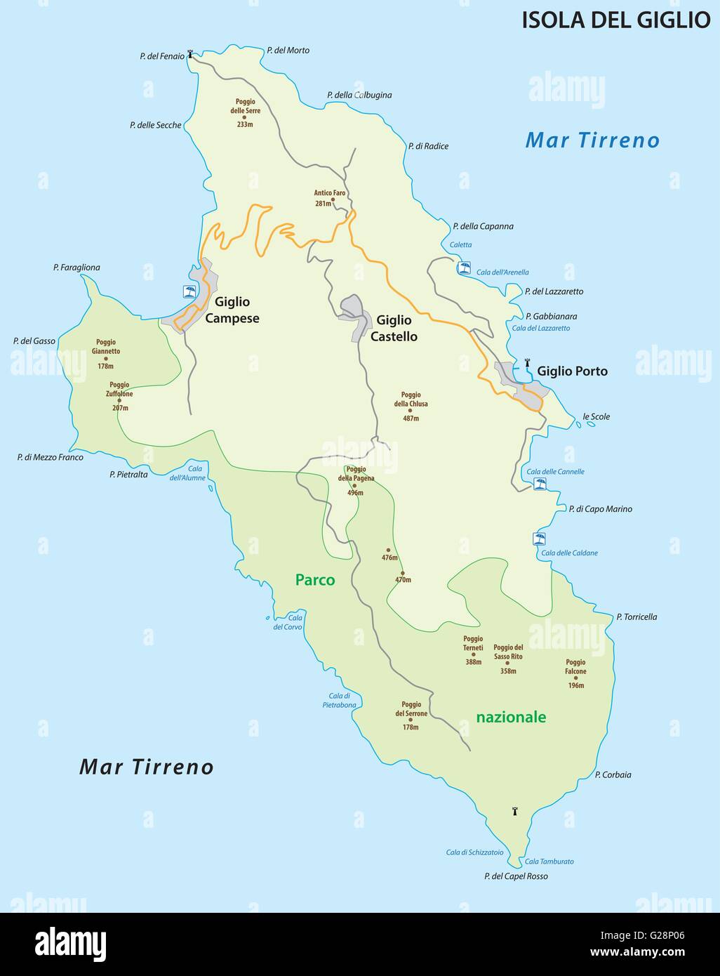 vector map of the Italian island of Giglio in the Tyrrhenian Sea Stock Vector