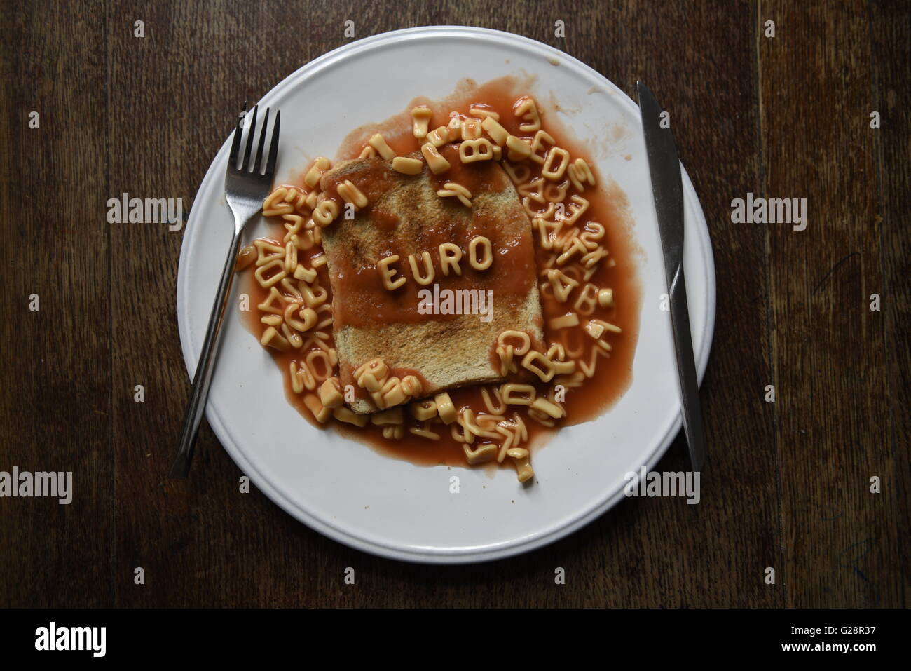 Euro - EU Referendum concept image in kids alphabet pasta on toast Stock Photo