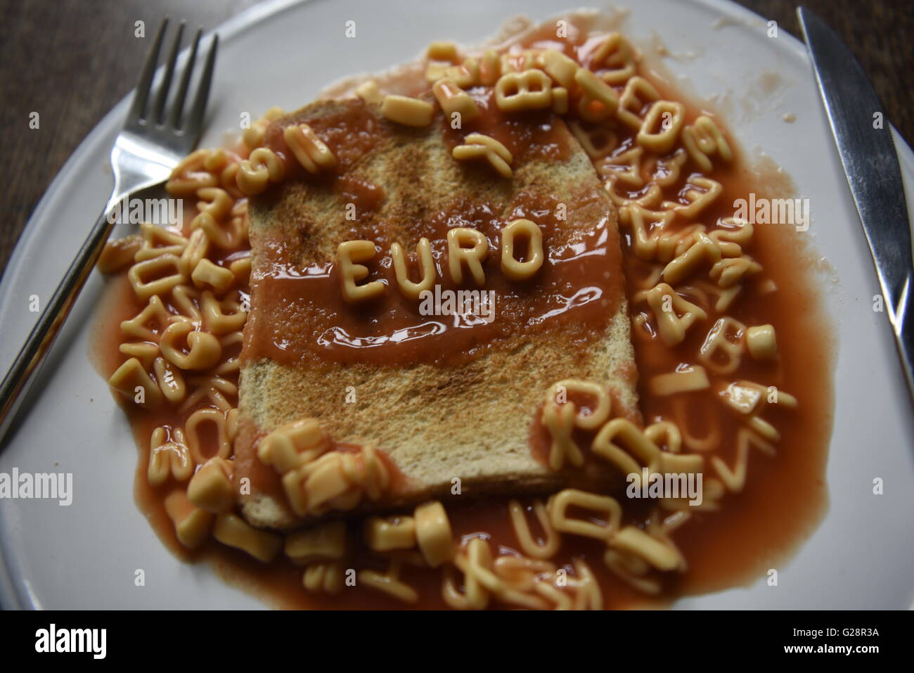 EU Referendum concept image in kids alphabet pasta on toast Stock Photo