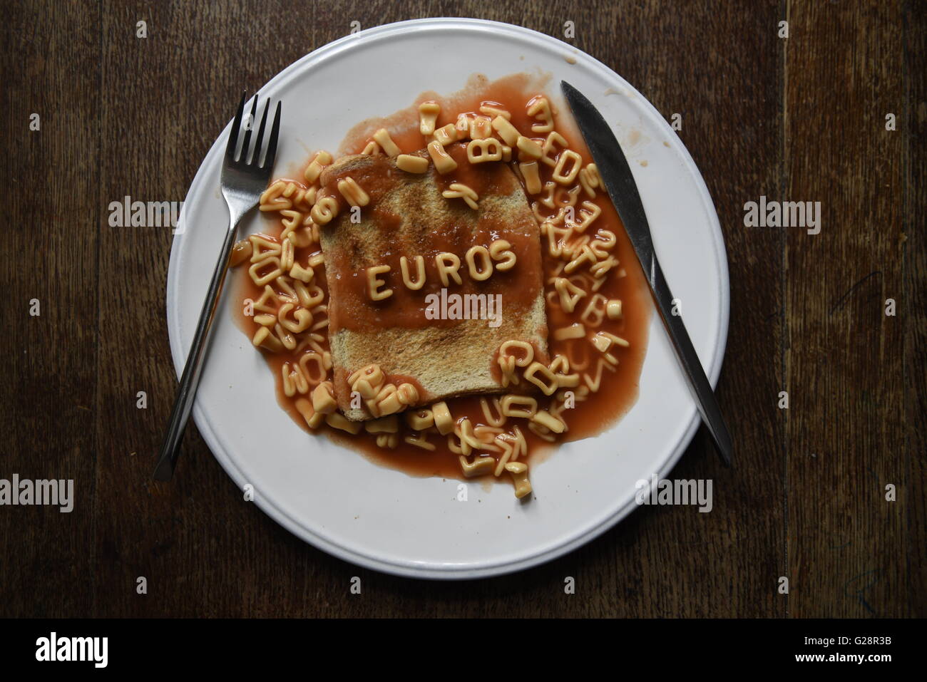 EU Referendum concept image in kids alphabet pasta on toast Stock Photo